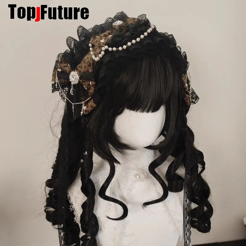 Mars Gal Harajuku Gothic Subculture Lace Leopard Print Lolita Steampunk Y2K Girl Women Bow Hair Clip Hair Clips Pins Hairpin
