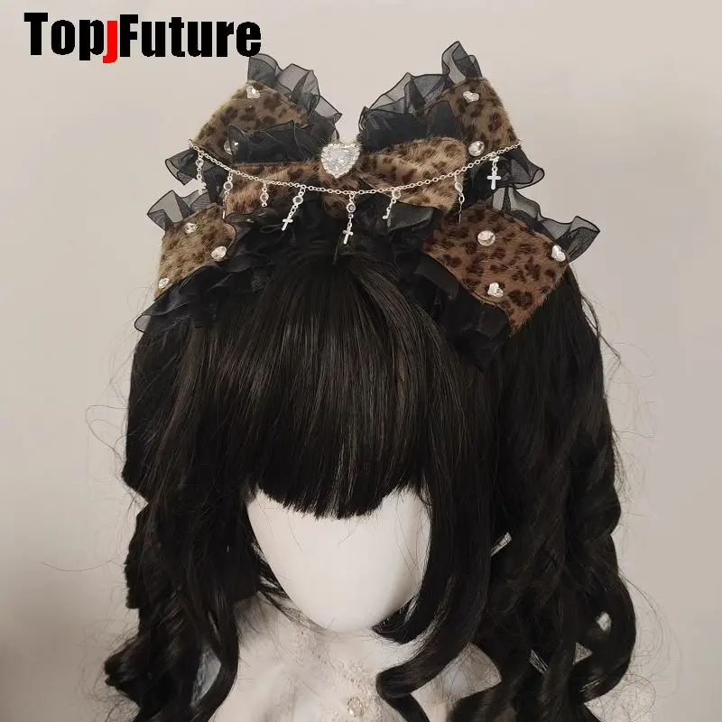 Mars Gal Harajuku Gothic Subculture Lace Leopard Print Lolita Steampunk Y2K Girl Women Bow Hair Clip Hair Clips Pins Hairpin