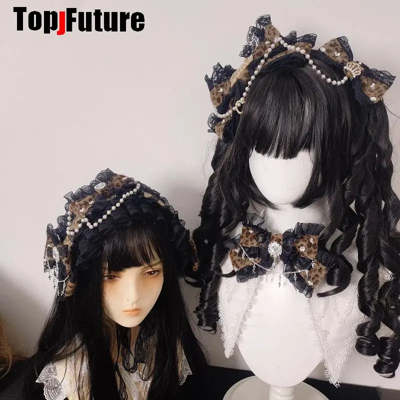 Mars Gal Harajuku Gothic Subculture Lace Leopard Print Lolita Steampunk Y2K Girl Women Bow Hair Clip Hair Clips Pins Hairpin