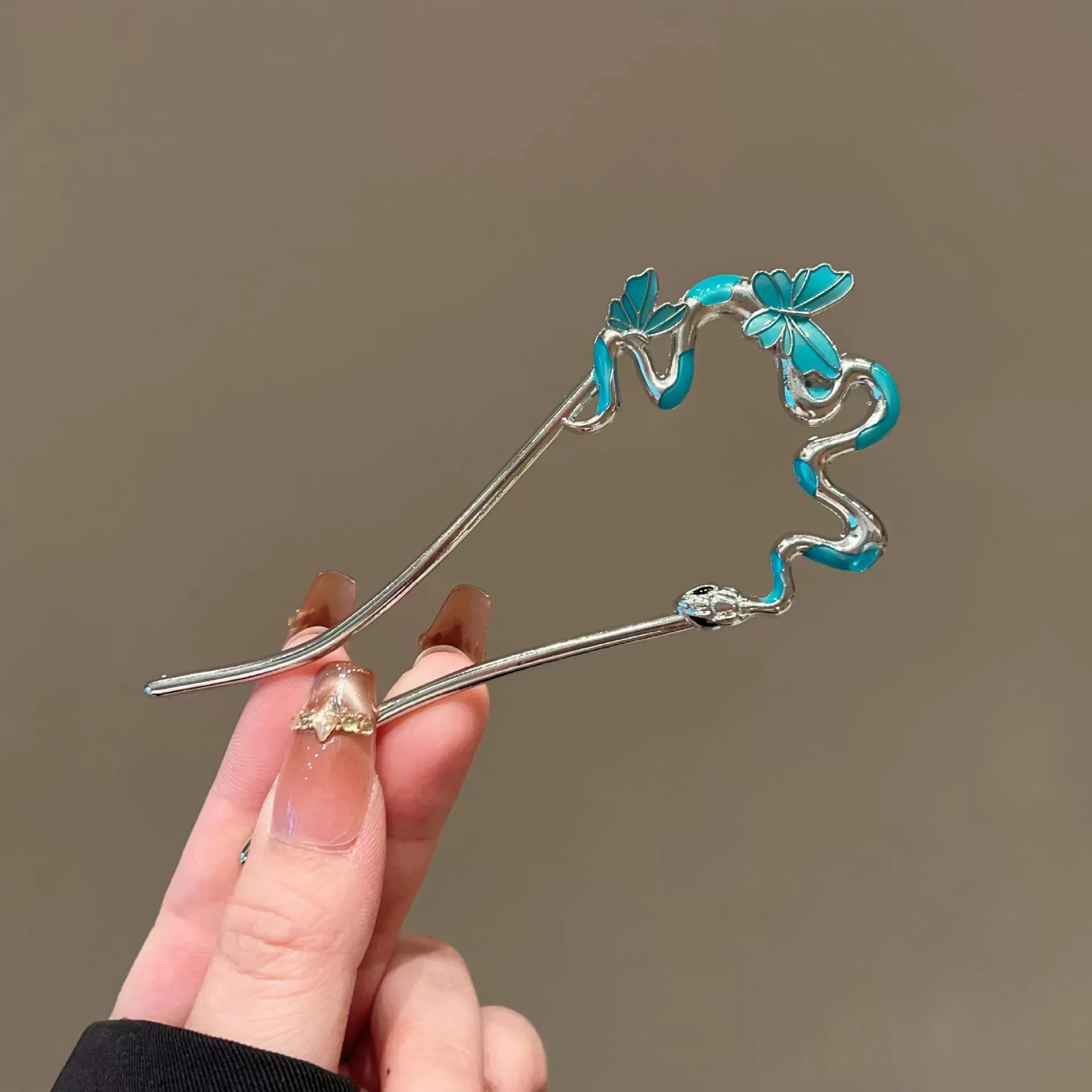 Snake Hairpin Vintage Advanced Sense Chinese Style Hair Stick Enamel Flower Hair Pin Plate Hair Retro Hair Clip Hair Accessory