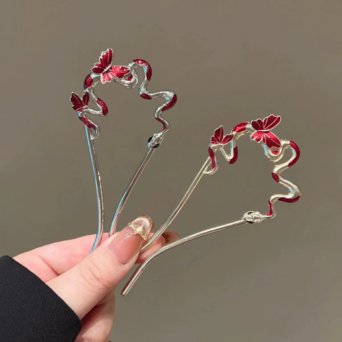 Snake Hairpin Vintage Advanced Sense Chinese Style Hair Stick Enamel Flower Hair Pin Plate Hair Retro Hair Clip Hair Accessory