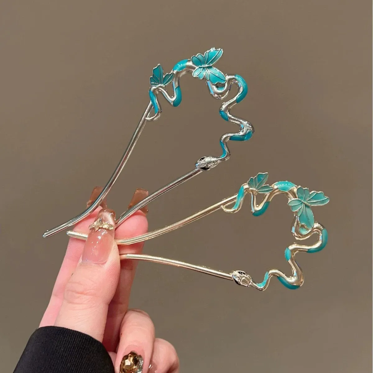 Snake Hairpin Vintage Advanced Sense Chinese Style Hair Stick Enamel Flower Hair Pin Plate Hair Retro Hair Clip Hair Accessory