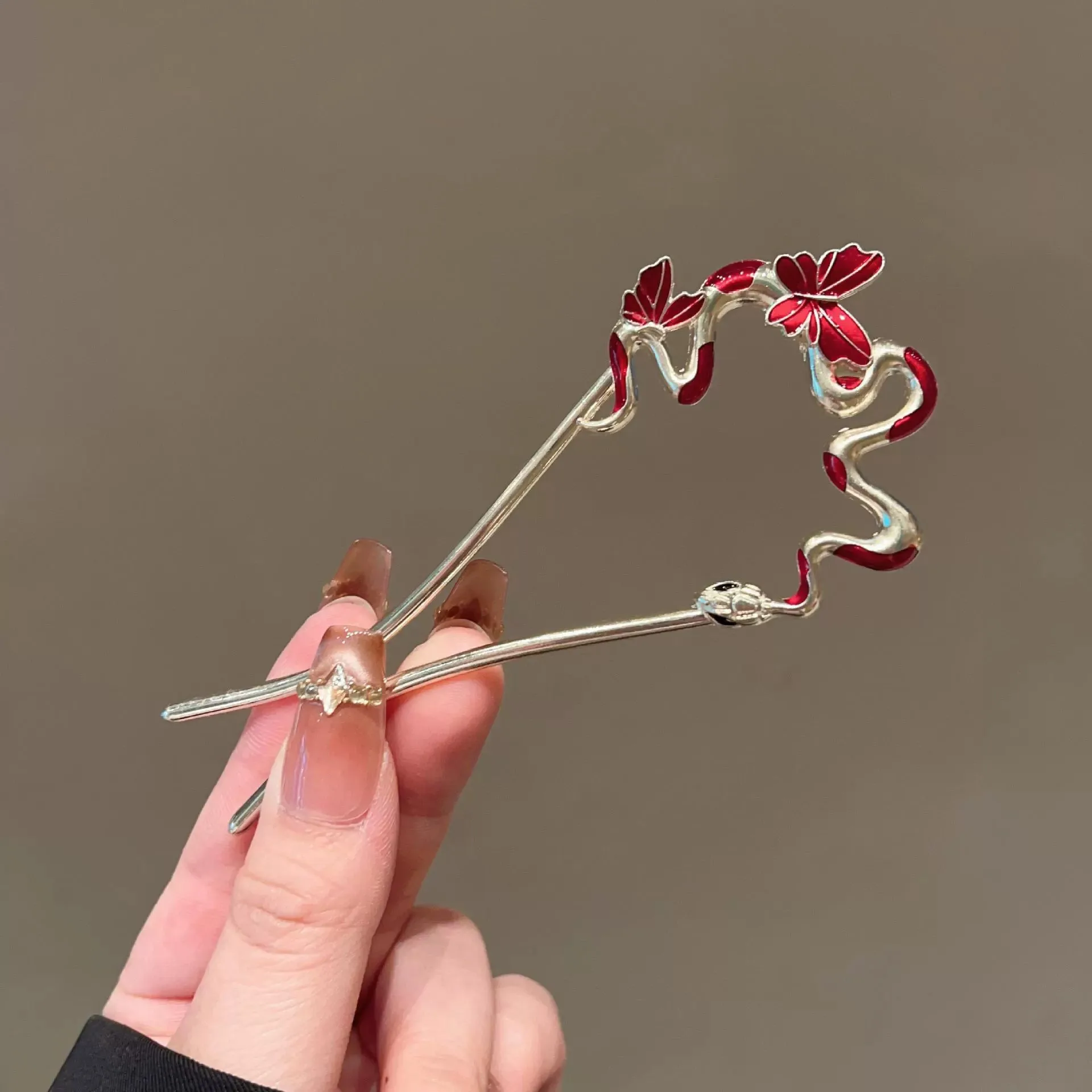 Snake Hairpin Vintage Advanced Sense Chinese Style Hair Stick Enamel Flower Hair Pin Plate Hair Retro Hair Clip Hair Accessory
