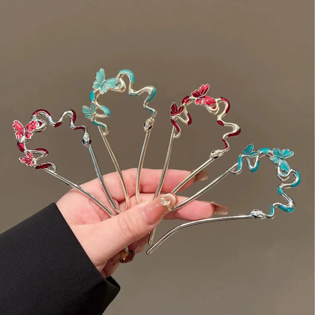 Snake Hairpin Vintage Advanced Sense Chinese Style Hair Stick Enamel Flower Hair Pin Plate Hair Retro Hair Clip Hair Accessory
