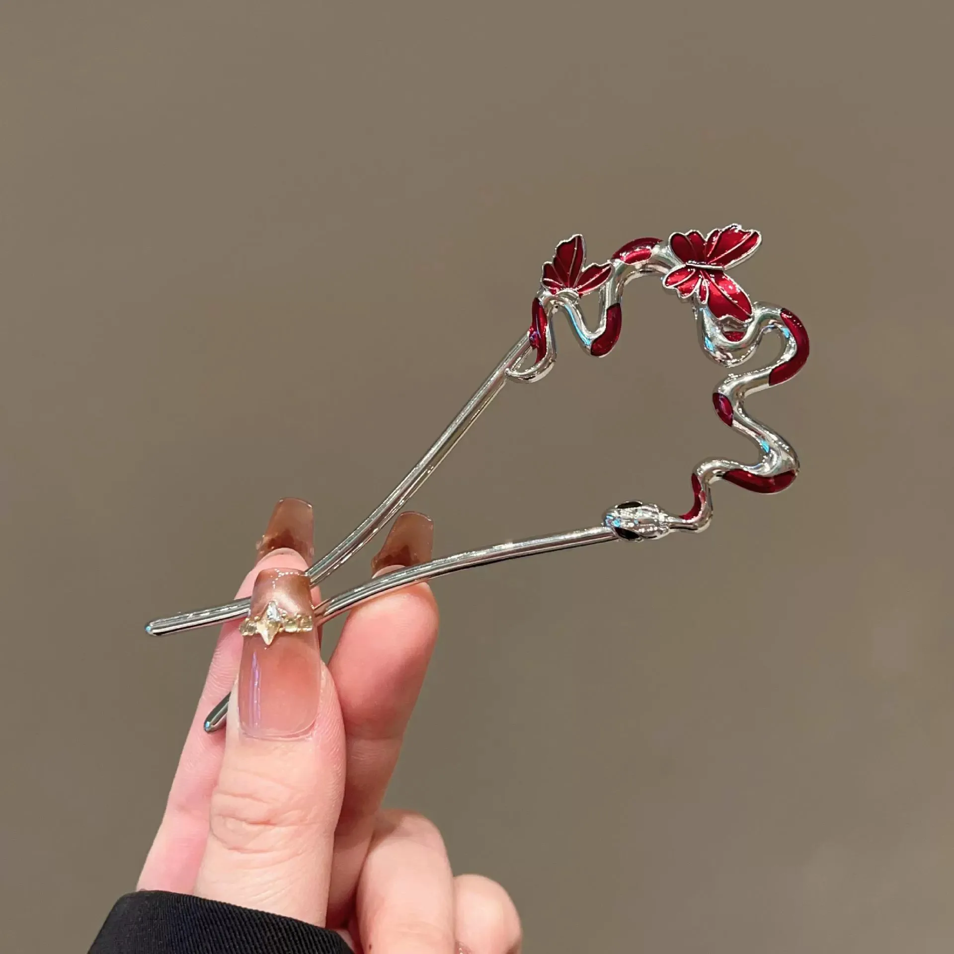 Snake Hairpin Vintage Advanced Sense Chinese Style Hair Stick Enamel Flower Hair Pin Plate Hair Retro Hair Clip Hair Accessory