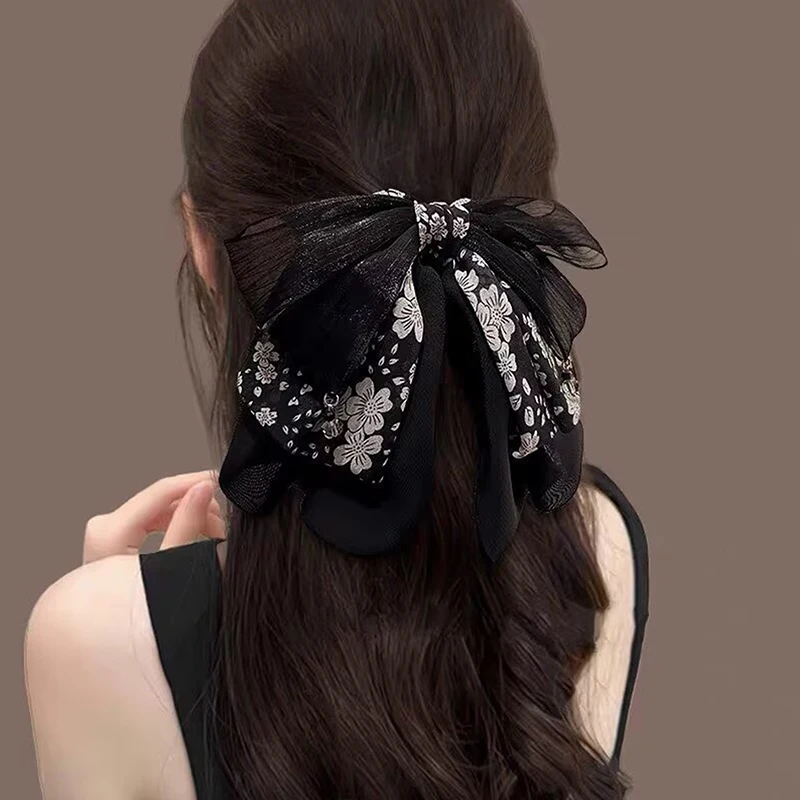 Elegant Versatile Chiffon Floral Print Bow Ponytail Clip Headwear For Women Girls Sweet Bow Ribbon Hair Clip Hair Accessories