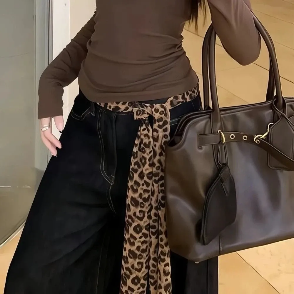 Narrow Strip Leopard Print Scarf Dual-purpose Brown Leopard Vintage Waist Scarf Waist Decoration Neck Scarf