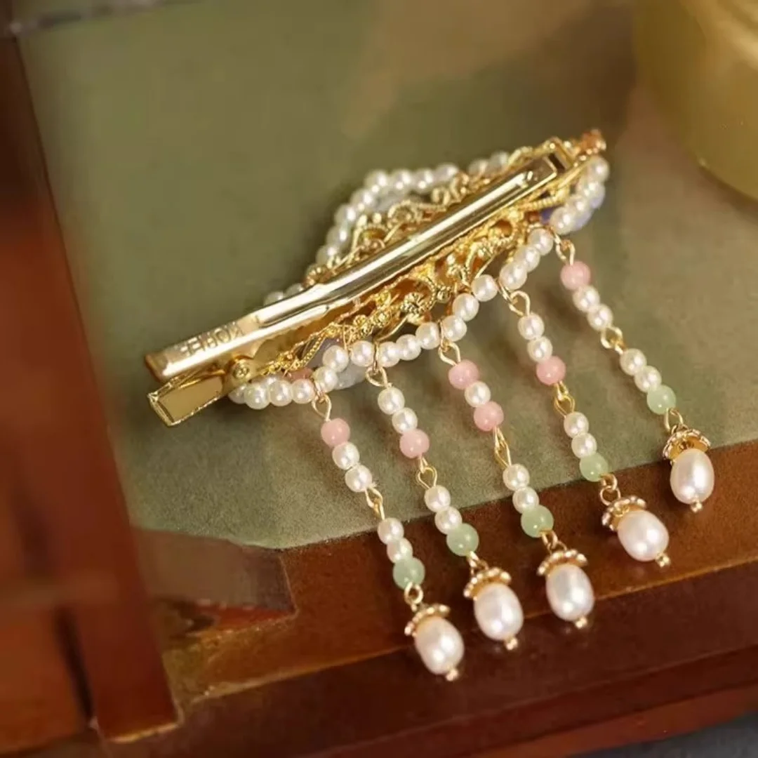 High-End and Exquisite Side Hairpins for Short Hair, Ear-Side Clips, Traditional Style Hairpins with Tassels and Pearls, Paired Together