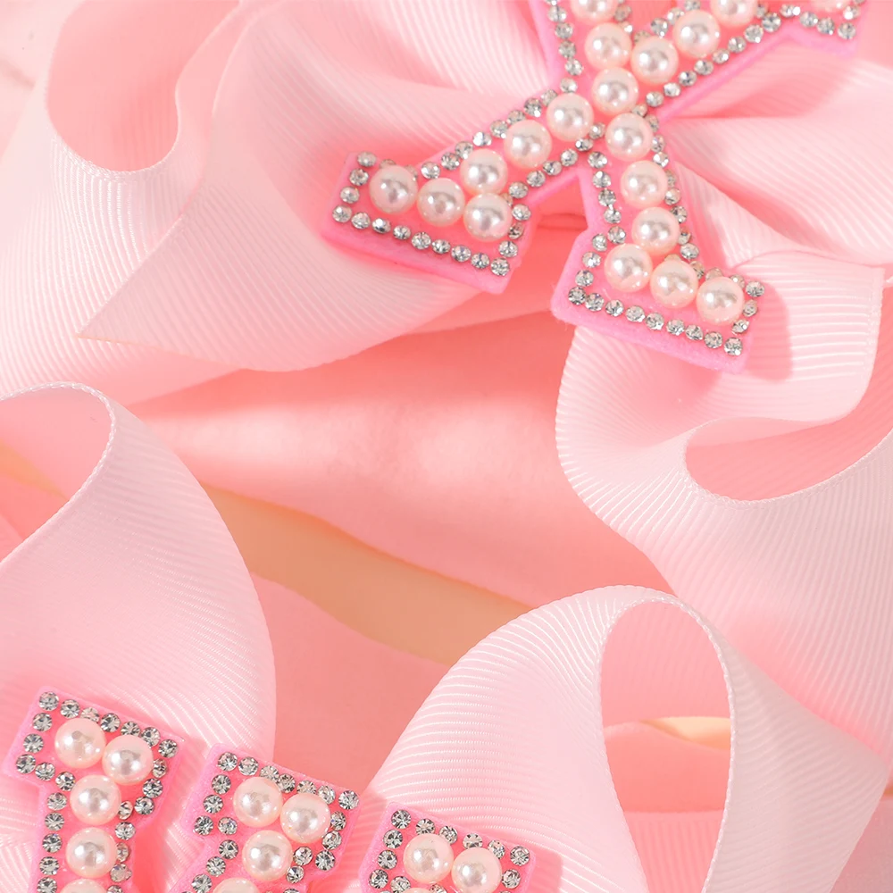 26 Letters Pink Big Bows Pearl Headbands for Baby Girls 5.98'' Wide Nylon Knotted Soft Elastic Hair Bands Wraps Headwear 1PCS