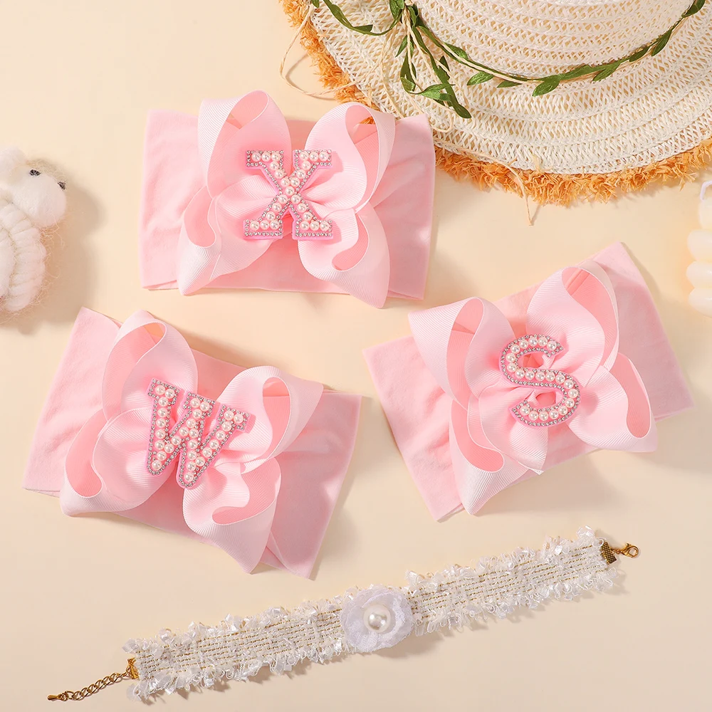 26 Letters Pink Big Bows Pearl Headbands for Baby Girls 5.98'' Wide Nylon Knotted Soft Elastic Hair Bands Wraps Headwear 1PCS