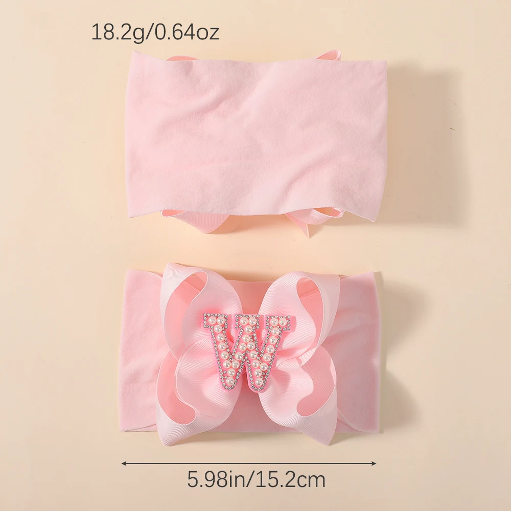 26 Letters Pink Big Bows Pearl Headbands for Baby Girls 5.98'' Wide Nylon Knotted Soft Elastic Hair Bands Wraps Headwear 1PCS