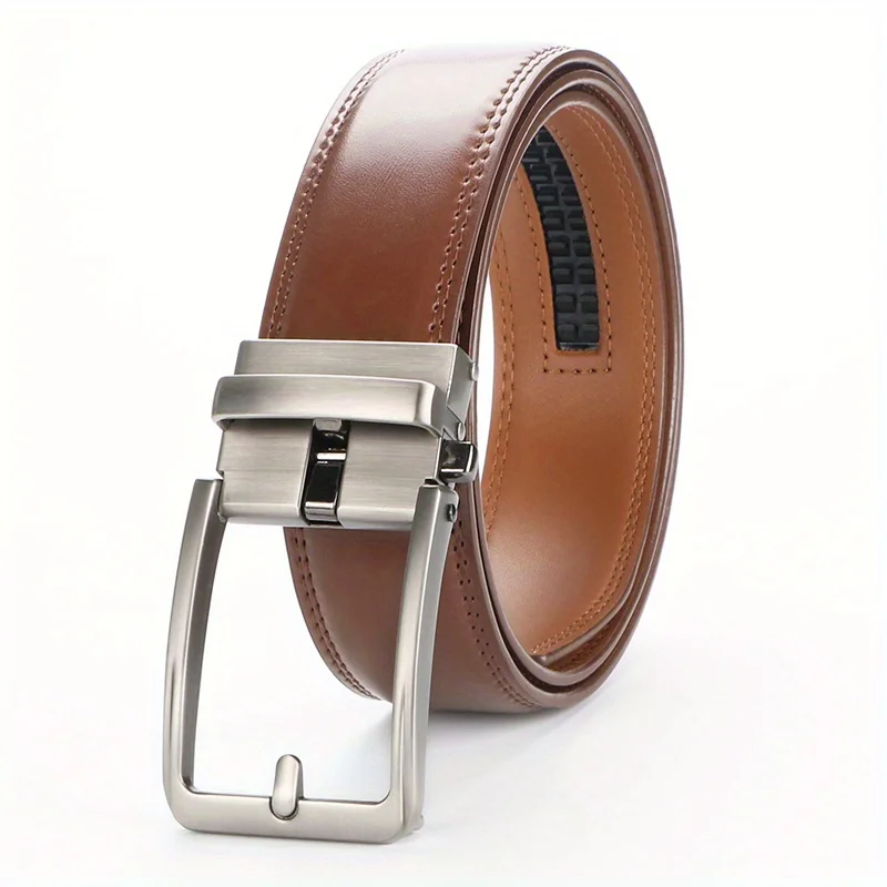 Original Genuine Leather Ratchet Belt - Adjustable Alloy Click Automatic Buckle, High-Quality Leather, Casual Business Style