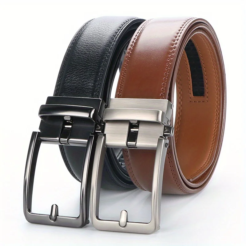 Original Genuine Leather Ratchet Belt - Adjustable Alloy Click Automatic Buckle, High-Quality Leather, Casual Business Style