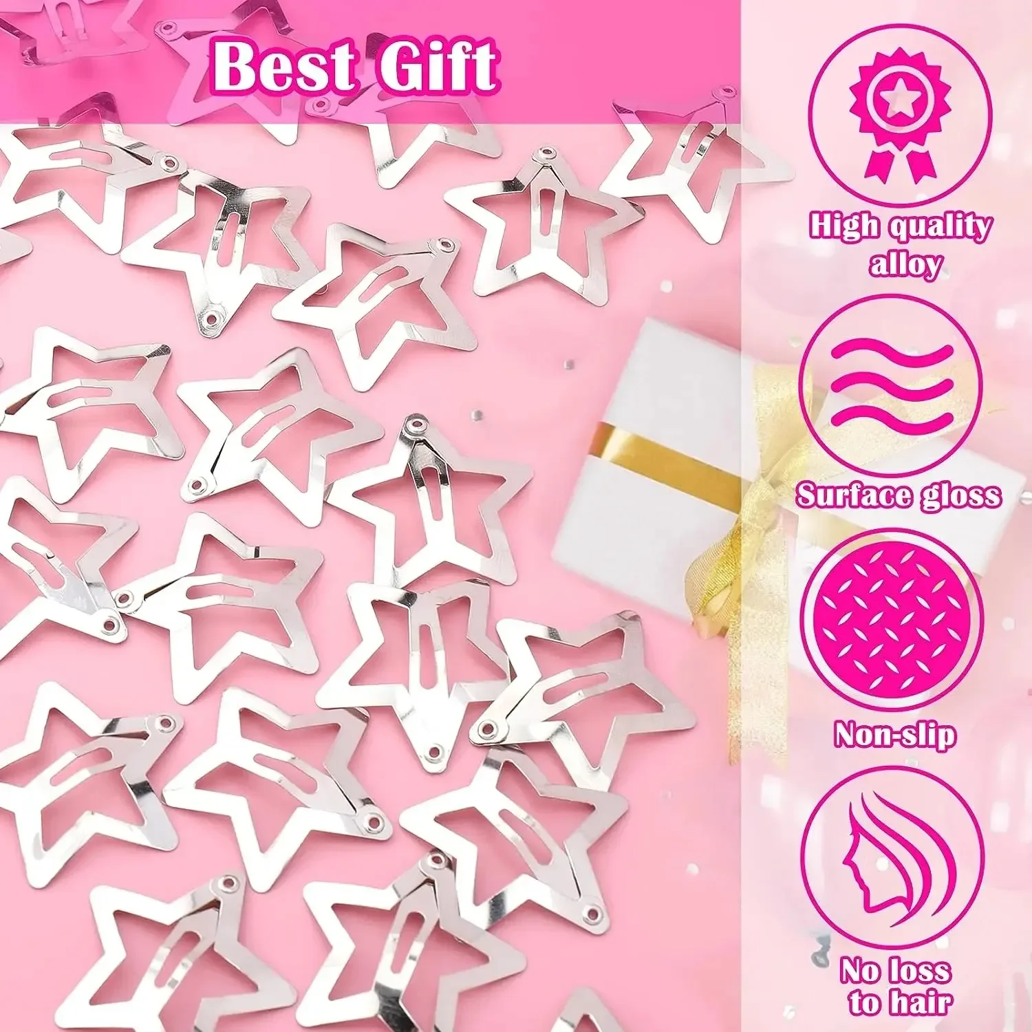 Silver Star Hair Clips Set for Girls - Metal Snap Barrettes with Shiny Jewel Hair Grips Fashionable Hair Accessories