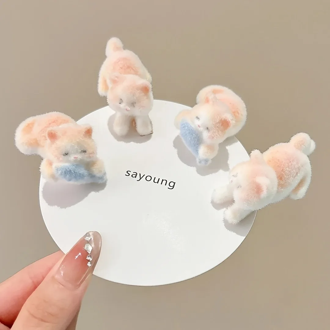 2pcs Cute Playful Kitten Eating Fish Plush Hair Clip Girl Heart Hair Clip Side Ducks Clip Cartoon Fashion Hair Accessories Girl