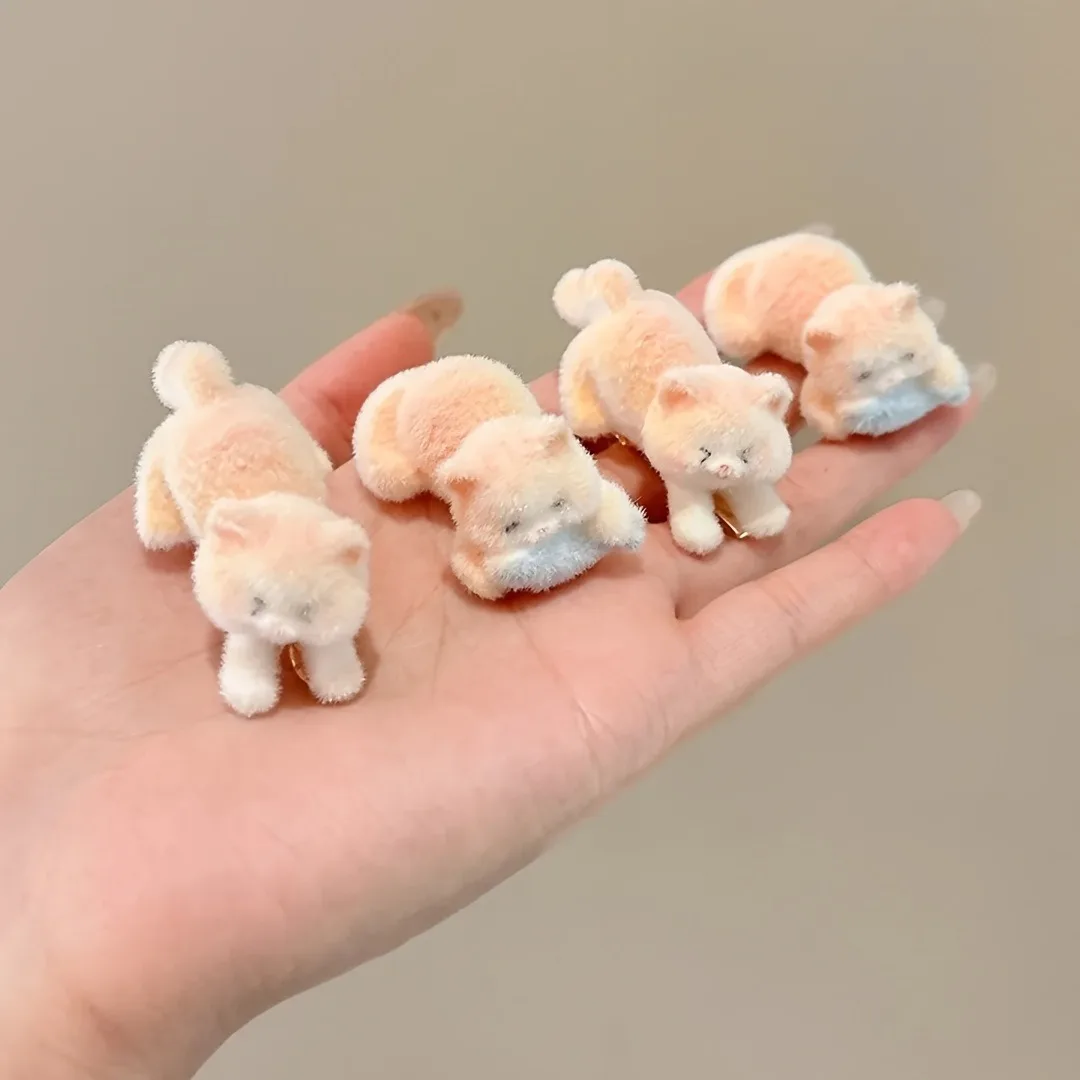 2pcs Cute Playful Kitten Eating Fish Plush Hair Clip Girl Heart Hair Clip Side Ducks Clip Cartoon Fashion Hair Accessories Girl