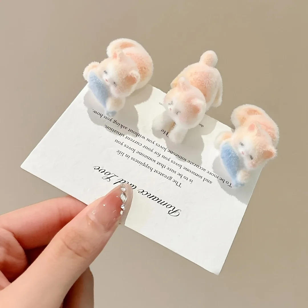 2pcs Cute Playful Kitten Eating Fish Plush Hair Clip Girl Heart Hair Clip Side Ducks Clip Cartoon Fashion Hair Accessories Girl