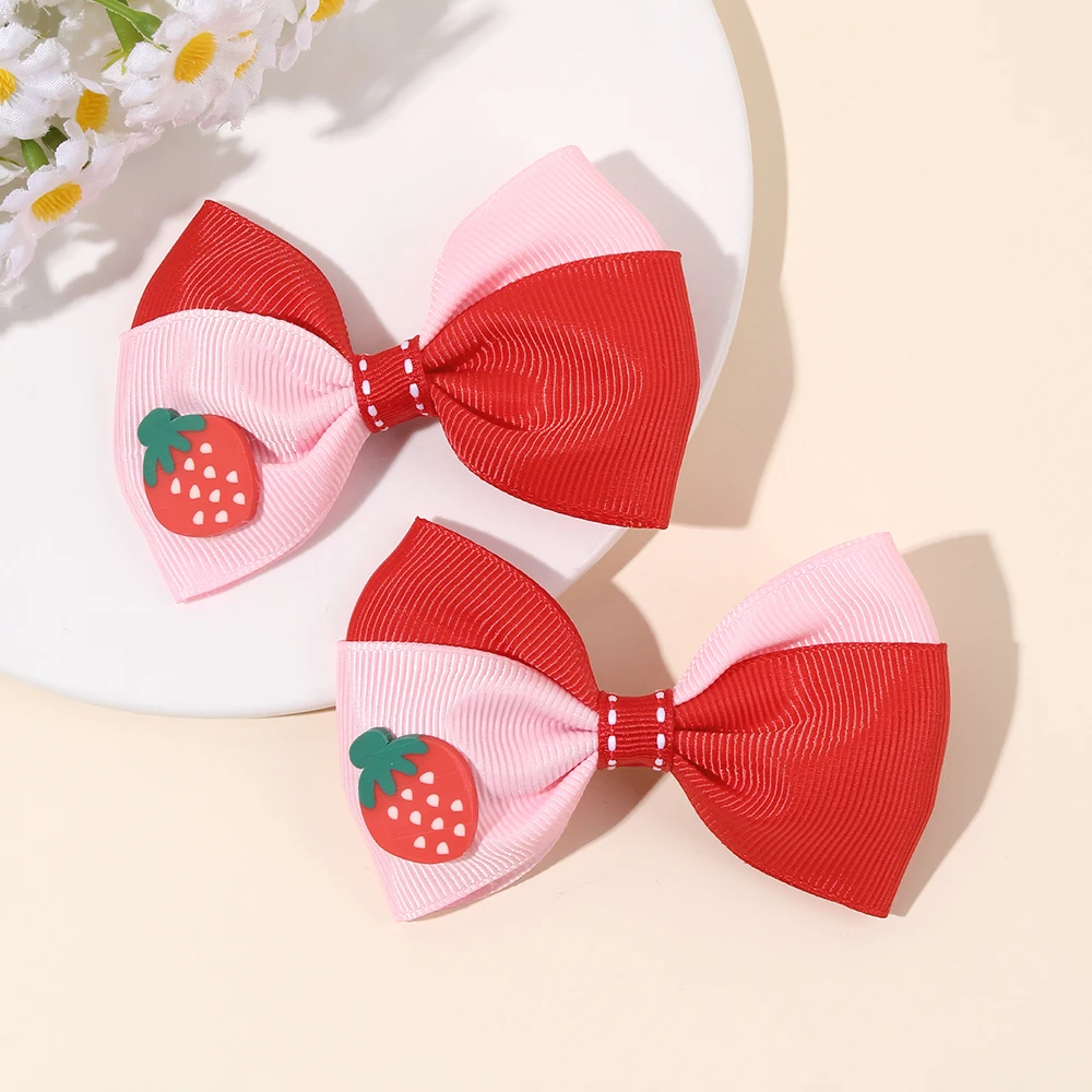 2Pcs Kids Strawberry Bow Side Hair Clips Sweet Candy Two-tone Color Hairpin Grosgrain Ribbon Barrette For Girls Hair Accessories