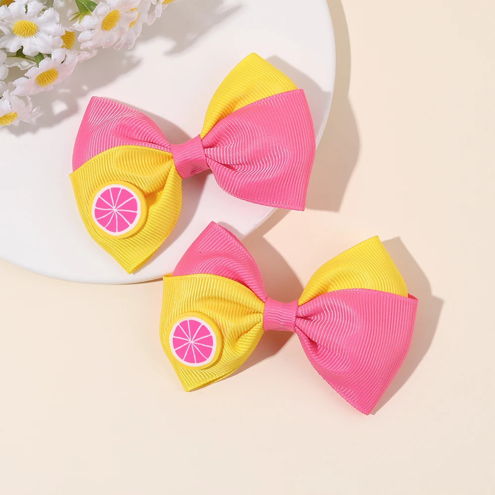 2Pcs Kids Strawberry Bow Side Hair Clips Sweet Candy Two-tone Color Hairpin Grosgrain Ribbon Barrette For Girls Hair Accessories