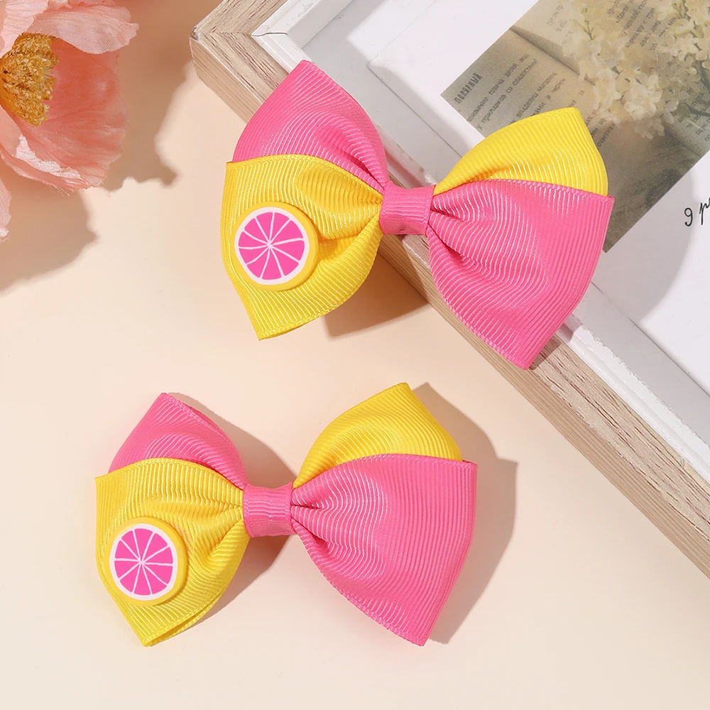 2Pcs Kids Strawberry Bow Side Hair Clips Sweet Candy Two-tone Color Hairpin Grosgrain Ribbon Barrette For Girls Hair Accessories