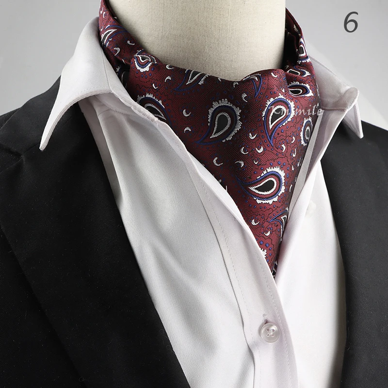 New Design Men's Ascot Scarf Necktie Fashion Paisley Dot Red Yellow Grey Cravat Business Meeting Gentleman Collar Accessory Gift