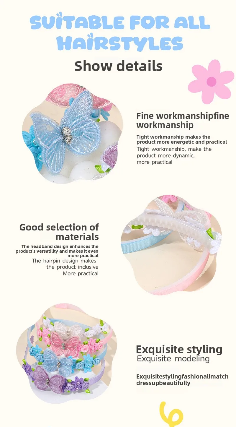 1Pcs Children Butterfly Headband Lace Flower Headpiece for Girls Daily/party Cute Hair Accessories,available in Multiple Colors
