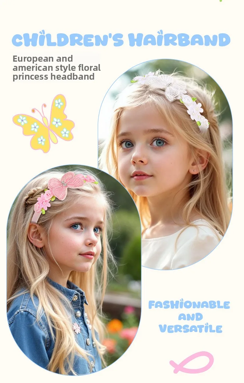 1Pcs Children Butterfly Headband Lace Flower Headpiece for Girls Daily/party Cute Hair Accessories,available in Multiple Colors