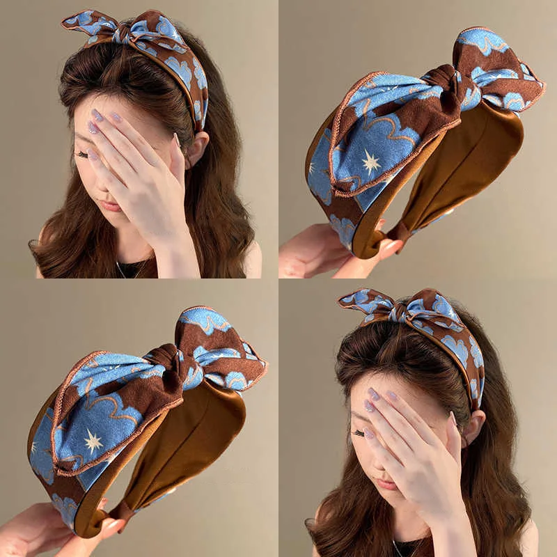 High-Quality Exquisite Dark Brown Rabbit Ear Hairband Women Irregular Wide-Edge Pressed Hairband Washing Face Hair Accessories