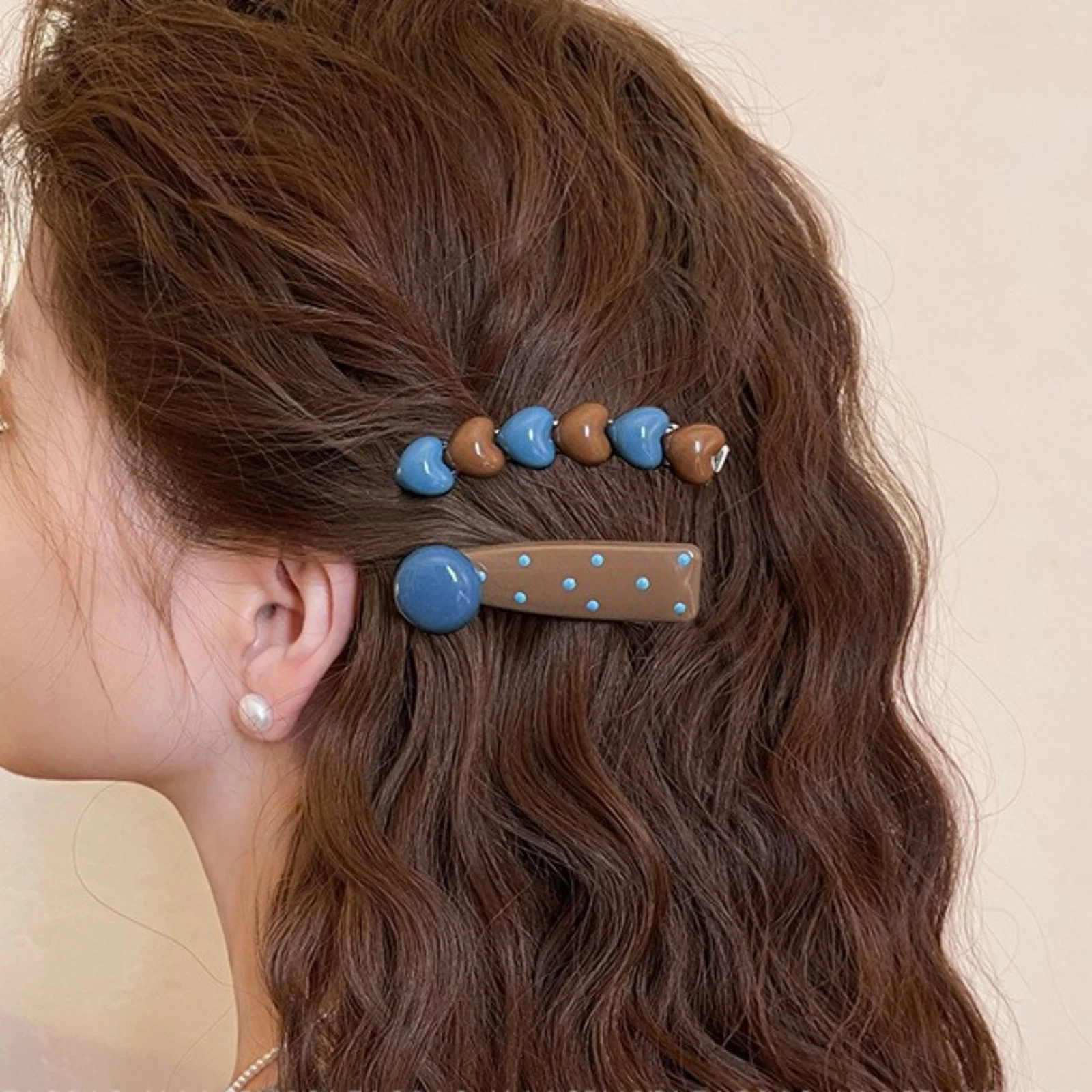2PCS Brown &Blue Beaded Hair Clips Set,With Dot Accents,Cute Retro-Style Women’s Hair Accessories,Stylish Daily Wear Party Decor