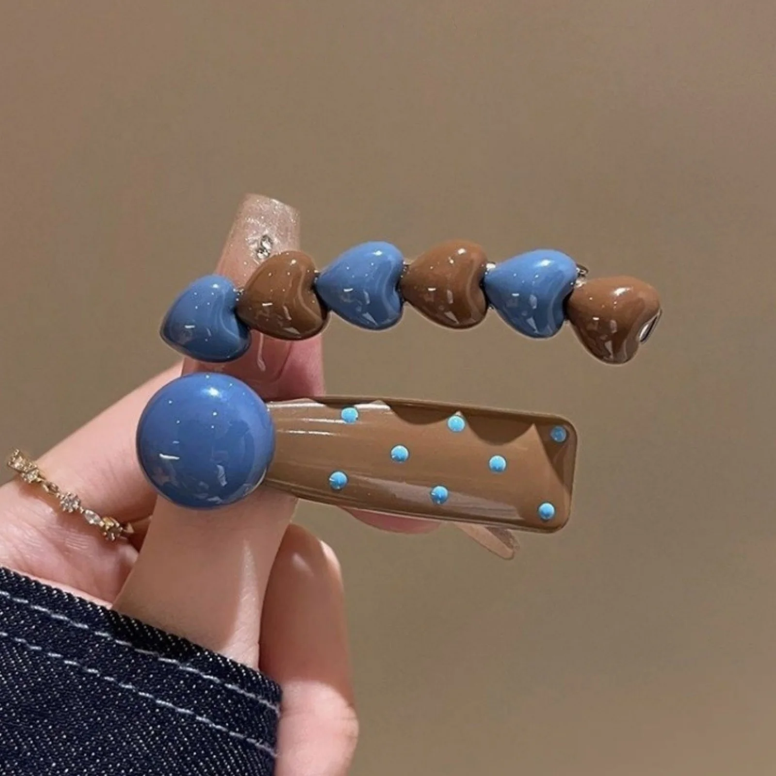 2PCS Brown &Blue Beaded Hair Clips Set,With Dot Accents,Cute Retro-Style Women’s Hair Accessories,Stylish Daily Wear Party Decor