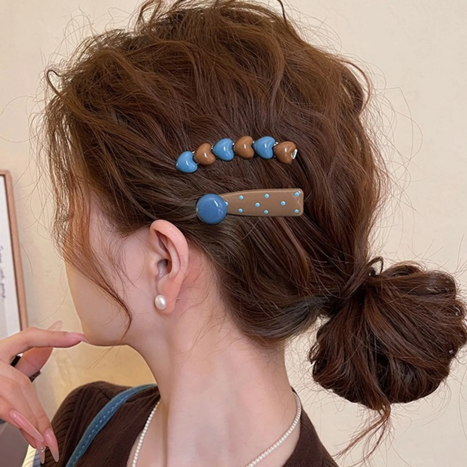 2PCS Brown &Blue Beaded Hair Clips Set,With Dot Accents,Cute Retro-Style Women’s Hair Accessories,Stylish Daily Wear Party Decor