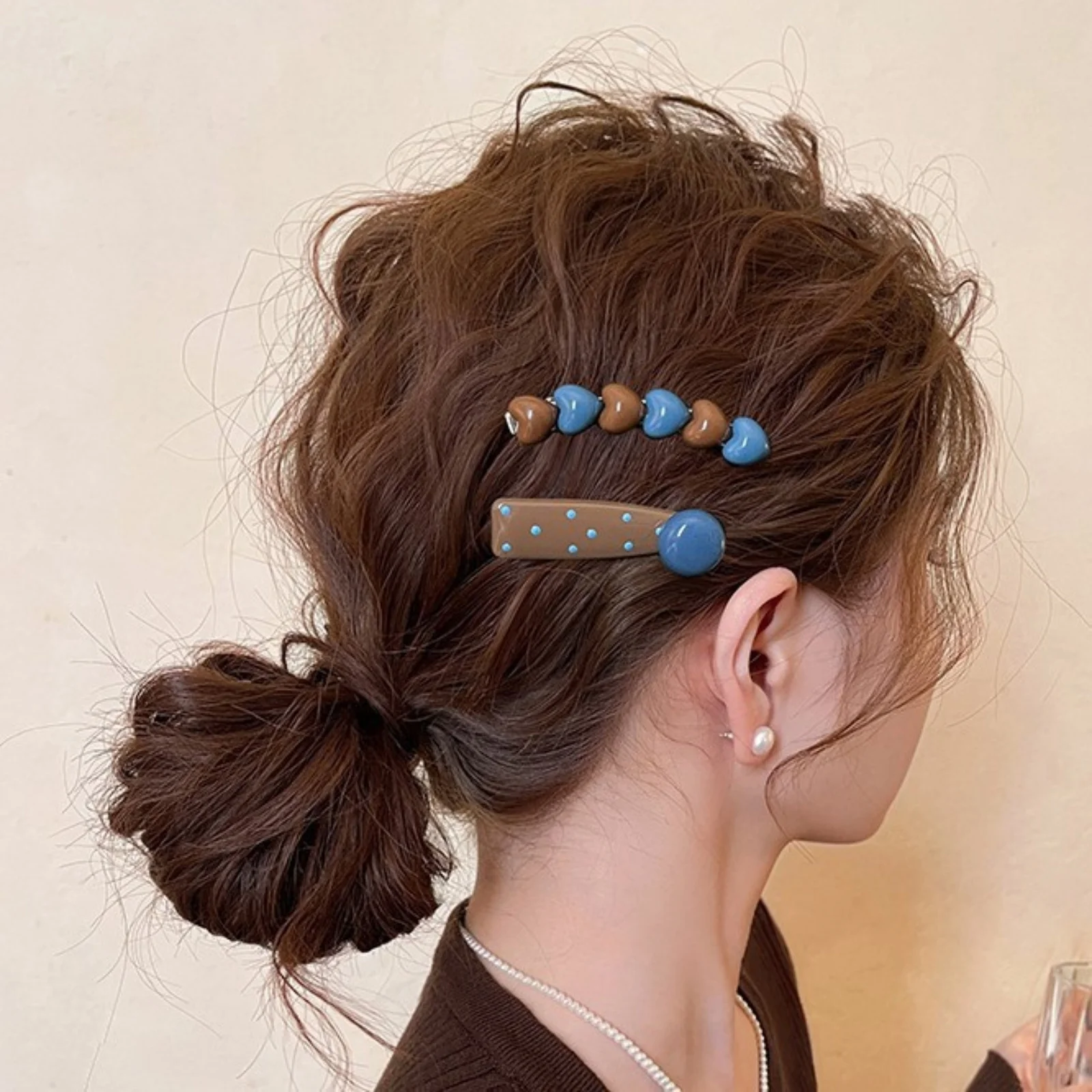 2PCS Brown &Blue Beaded Hair Clips Set,With Dot Accents,Cute Retro-Style Women’s Hair Accessories,Stylish Daily Wear Party Decor