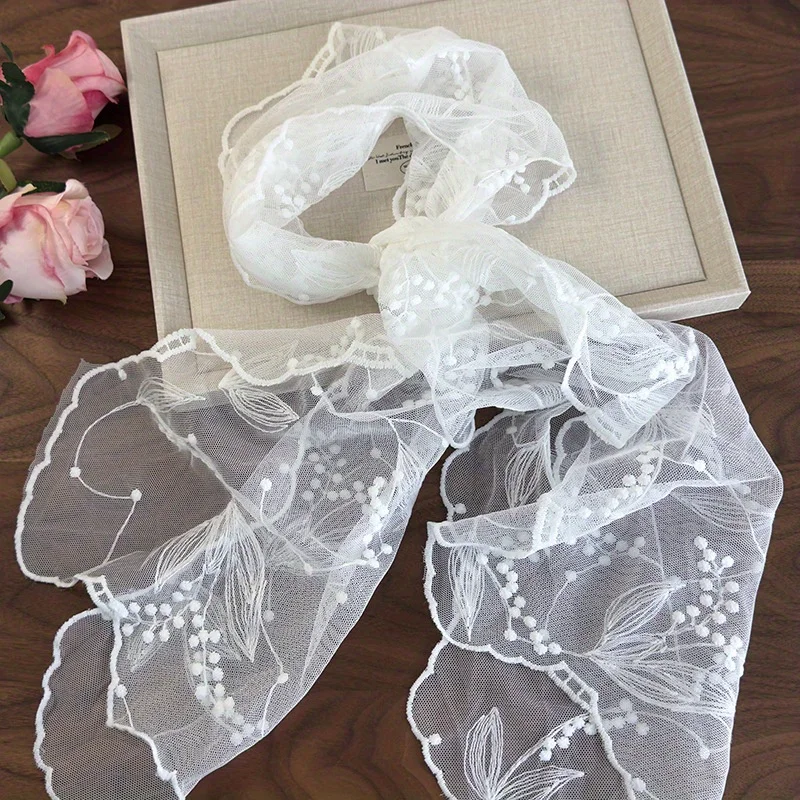 Retro-inspired solid-color lace embroidered scarf Versatile decorative neck scarf Multi-functional long headscarf Sheer scarf