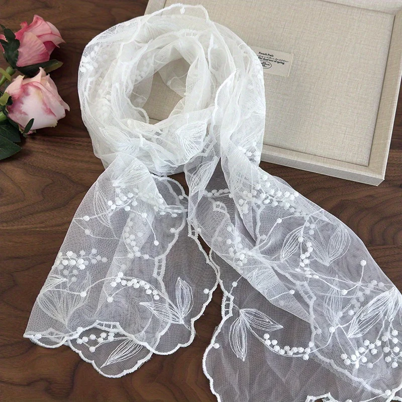 Retro-inspired solid-color lace embroidered scarf Versatile decorative neck scarf Multi-functional long headscarf Sheer scarf