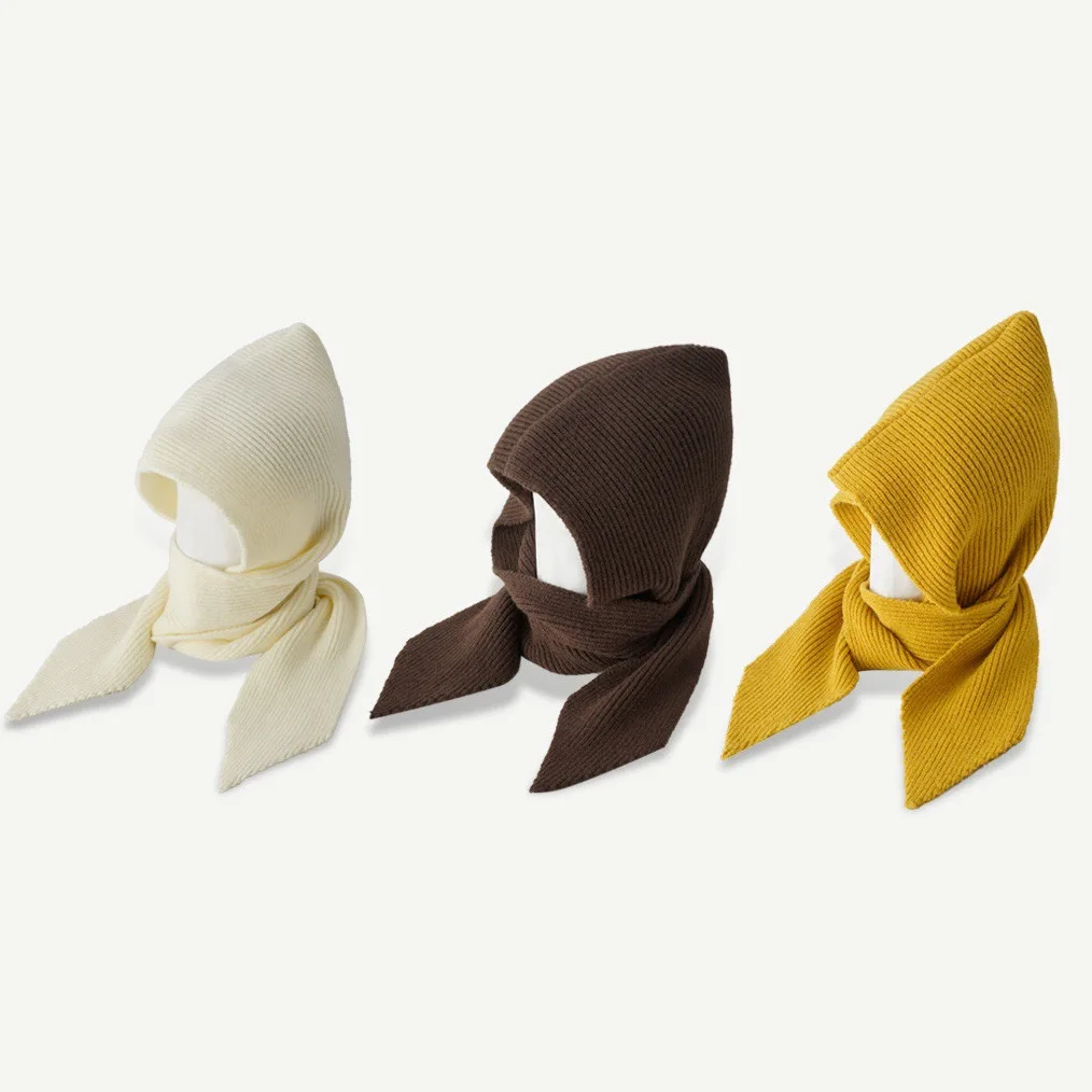 Fashion Design Decorate Casual Hat Scarf Women Autumn Winter Korean Version Shawl Beanie Warm Striped Wool Knitted Female