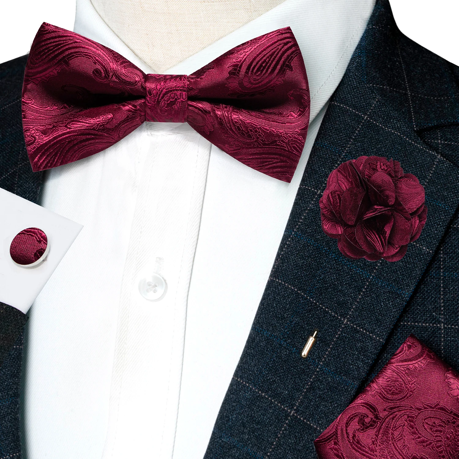 Classic Mens Bow Tie Brown Jacquard Paisley Bowtie Hanky Cufflinks Brooch Set Wedding party Butterfly Knot Gift Man Accessories