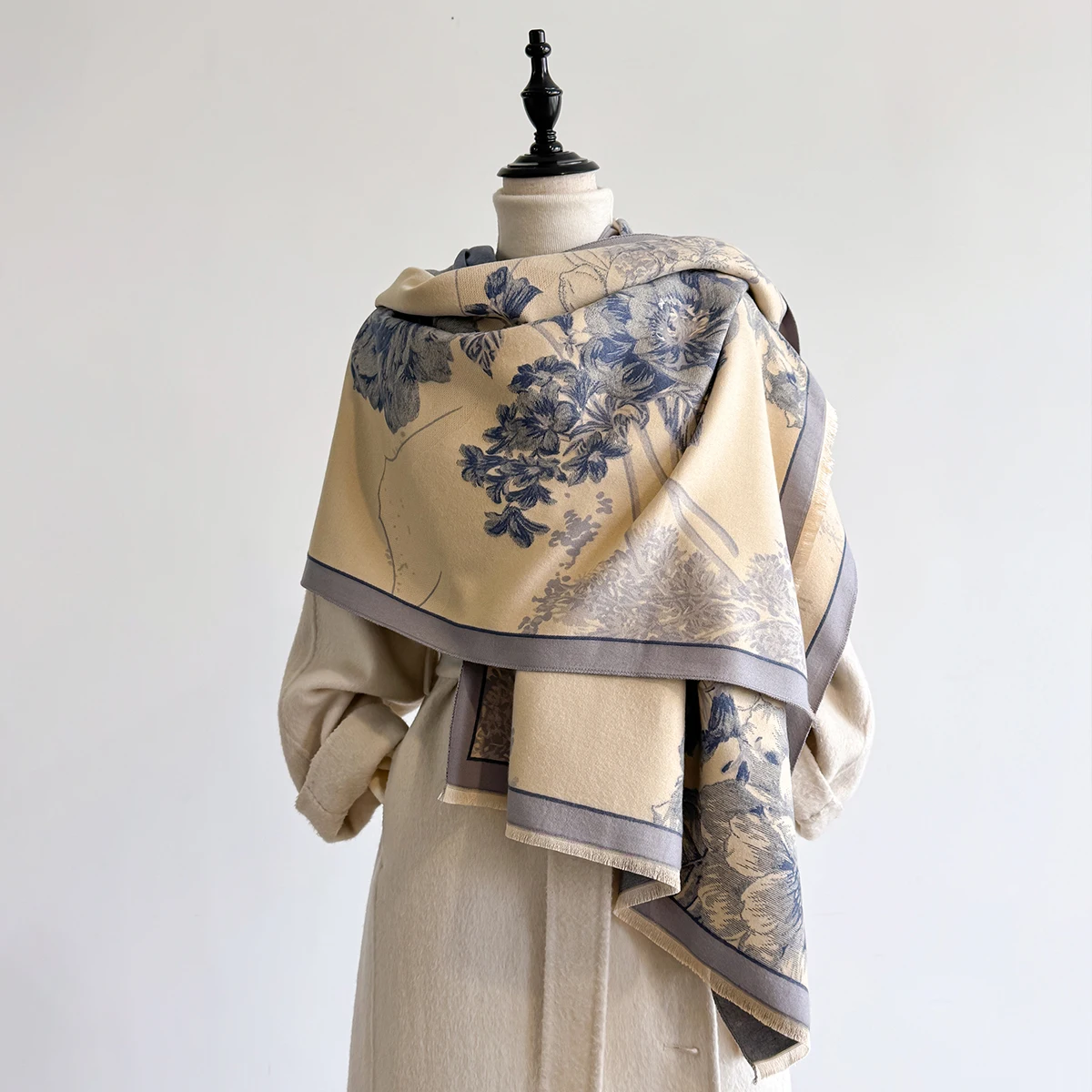 Brand Fashion Winter Cashmere Shawl for Women - Tasseled Flower Printed Pashmina Scarf, Thick Warm Wrap & Poncho