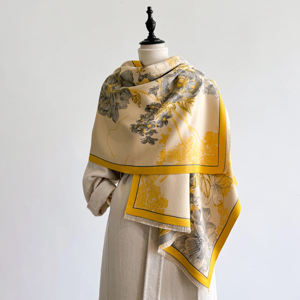Brand Fashion Winter Cashmere Shawl for Women - Tasseled Flower Printed Pashmina Scarf, Thick Warm Wrap & Poncho