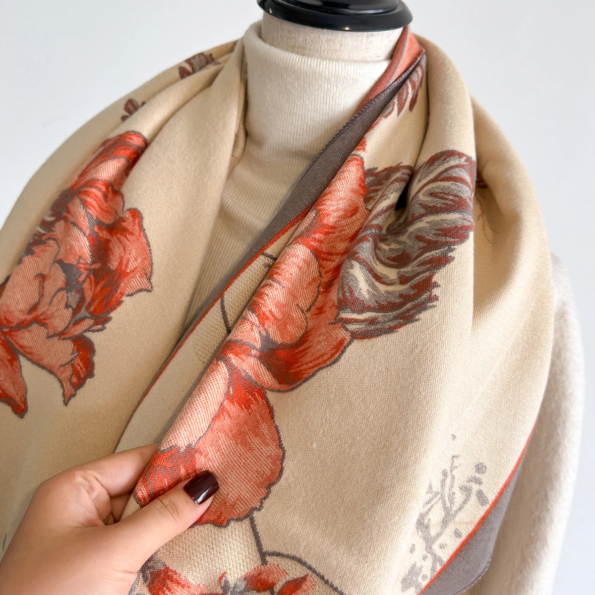 Brand Fashion Winter Cashmere Shawl for Women - Tasseled Flower Printed Pashmina Scarf, Thick Warm Wrap & Poncho
