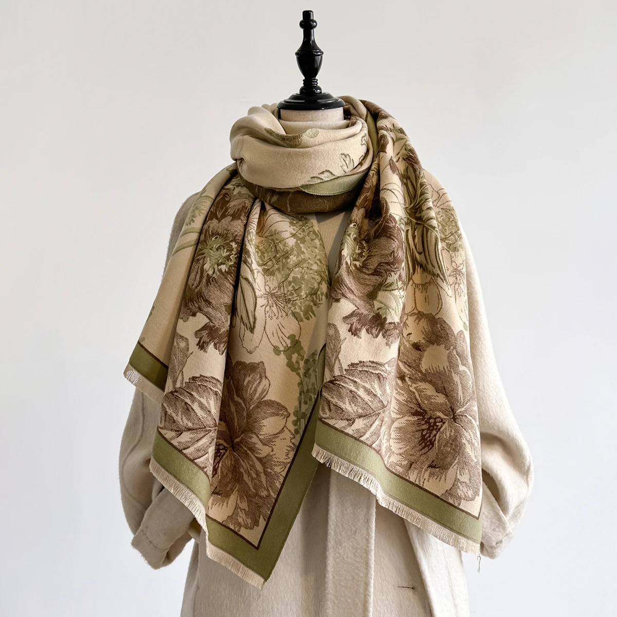 Brand Fashion Winter Cashmere Shawl for Women - Tasseled Flower Printed Pashmina Scarf, Thick Warm Wrap & Poncho