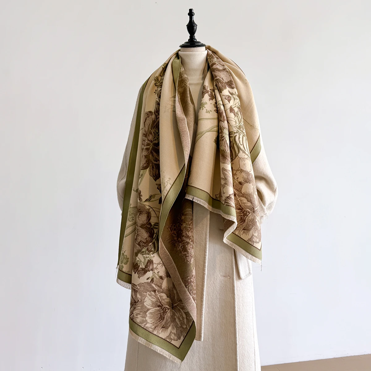 Brand Fashion Winter Cashmere Shawl for Women - Tasseled Flower Printed Pashmina Scarf, Thick Warm Wrap & Poncho