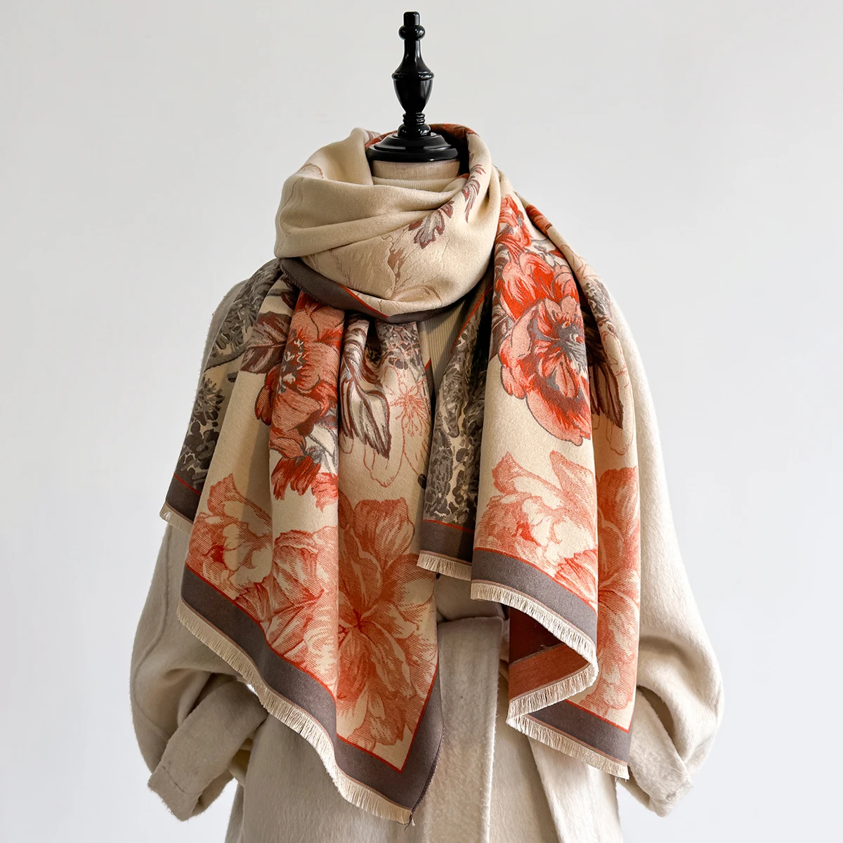 Brand Fashion Winter Cashmere Shawl for Women - Tasseled Flower Printed Pashmina Scarf, Thick Warm Wrap & Poncho