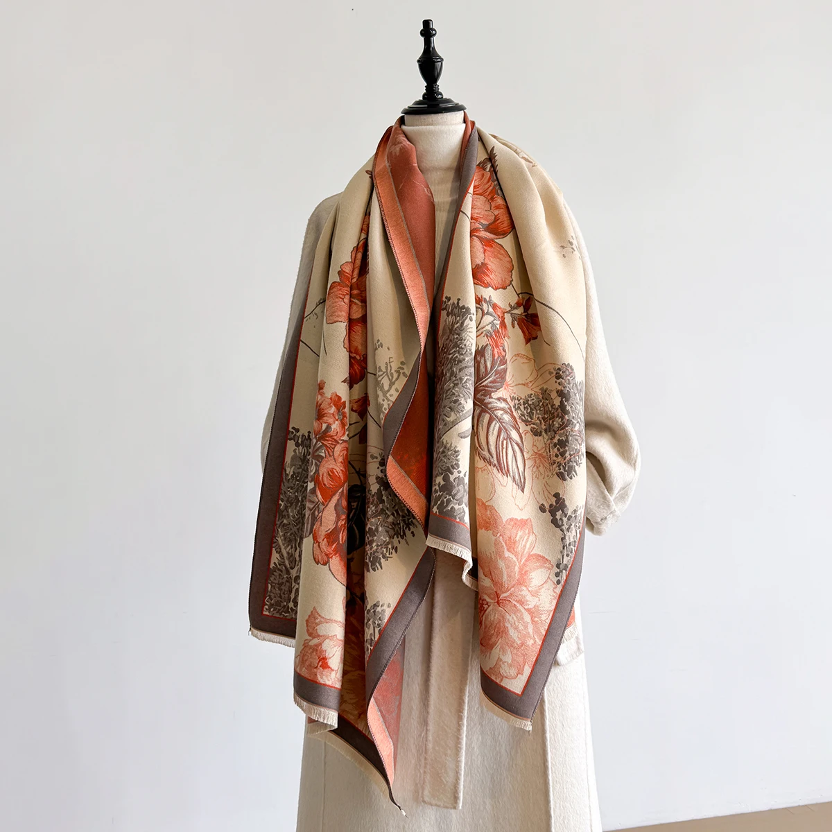 Brand Fashion Winter Cashmere Shawl for Women - Tasseled Flower Printed Pashmina Scarf, Thick Warm Wrap & Poncho