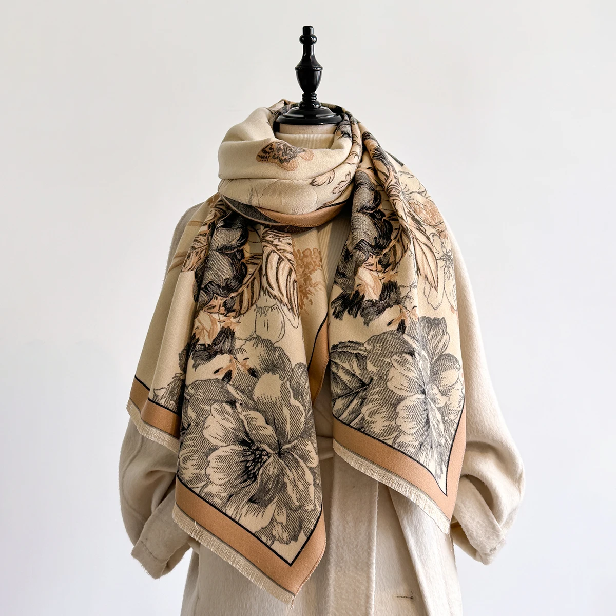 Brand Fashion Winter Cashmere Shawl for Women - Tasseled Flower Printed Pashmina Scarf, Thick Warm Wrap & Poncho