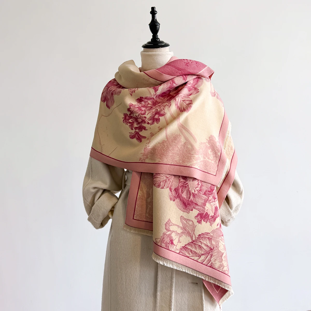 Brand Fashion Winter Cashmere Shawl for Women - Tasseled Flower Printed Pashmina Scarf, Thick Warm Wrap & Poncho