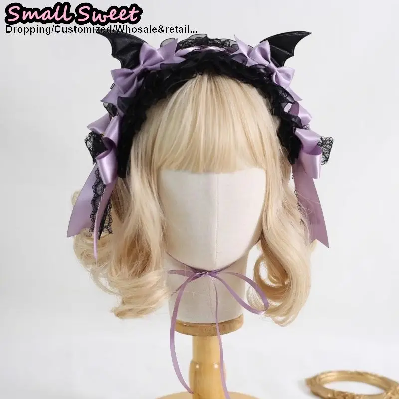 Lolita Devil's ears Headband Gothic Hair Hoop Y2K Girls Ruffled Cosplay Hair Band Hair Accessories Bow Ribbon Headdress Headwear