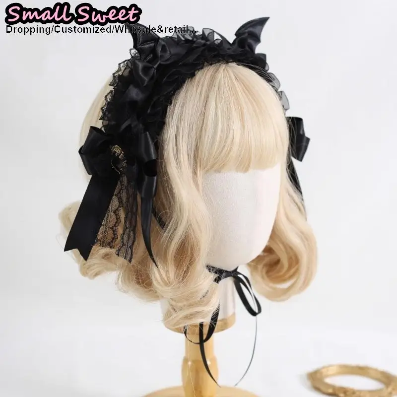 Lolita Devil's ears Headband Gothic Hair Hoop Y2K Girls Ruffled Cosplay Hair Band Hair Accessories Bow Ribbon Headdress Headwear