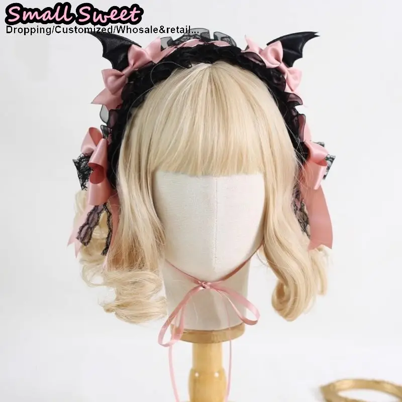 Lolita Devil's ears Headband Gothic Hair Hoop Y2K Girls Ruffled Cosplay Hair Band Hair Accessories Bow Ribbon Headdress Headwear