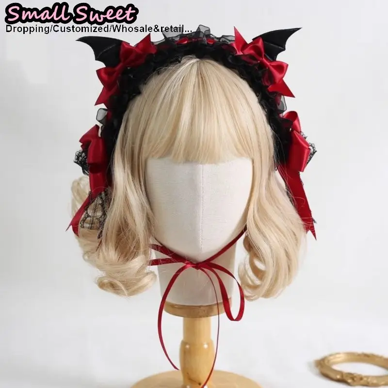Lolita Devil's ears Headband Gothic Hair Hoop Y2K Girls Ruffled Cosplay Hair Band Hair Accessories Bow Ribbon Headdress Headwear