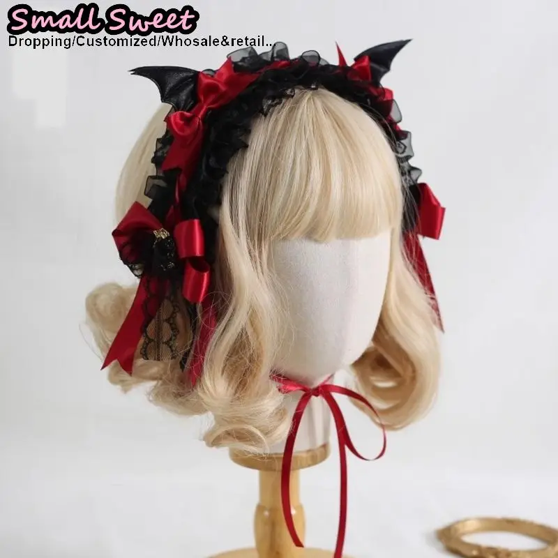 Lolita Devil's ears Headband Gothic Hair Hoop Y2K Girls Ruffled Cosplay Hair Band Hair Accessories Bow Ribbon Headdress Headwear